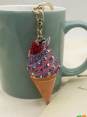 Purple Ice cream cone Rhinestone Keychain/purse charm.